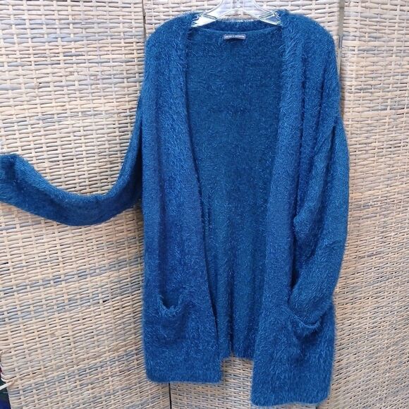 Chelsea & Theodore Sweaters - Chelsea & Theodore Teal Eyelash Cardigan Sweater with Pockets XL Open Front